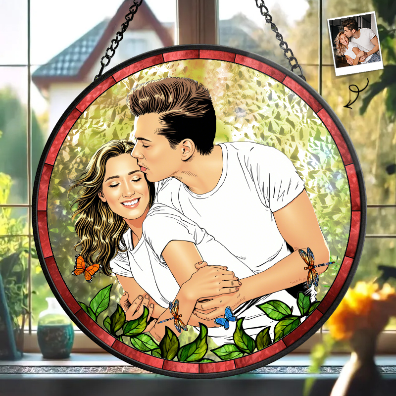 ステンドグラス 窓口 吊り飾り サンキャッチャー 漫画風 写真入り バレンタインデー ギフト カップル カスタマイズ