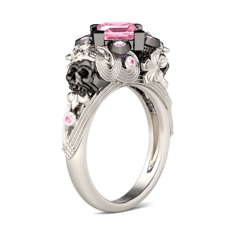 Princess Cut Pink Sterling Silver Two Black Skull & Flower Engagement Ring