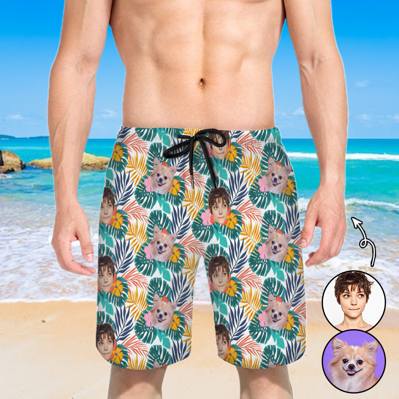 Gepersonaliseerde foto herenstrandshort met palmbladerenpatroon Grappig cadeau voor vriend