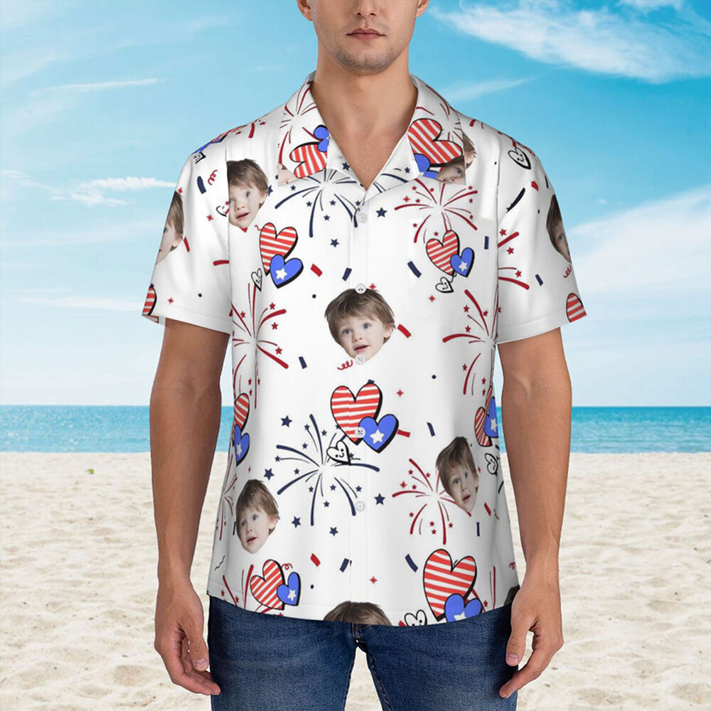 Personalized Hawaiian Shirt with Fireworks and Hearts Father's Day Gift for Dad