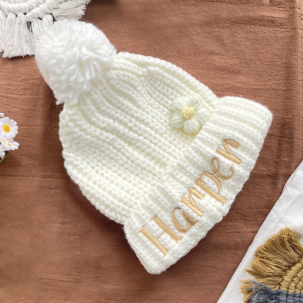 Personalized Baby Beanie with Embroidered Name and Woolen Flowers Gift for Newborn