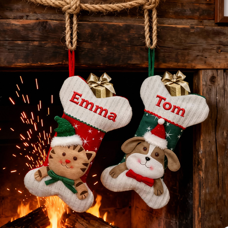 ペット柄 骨デザイン クリスマス ストッキング 刺繍名入り ギフト カスタマイズ