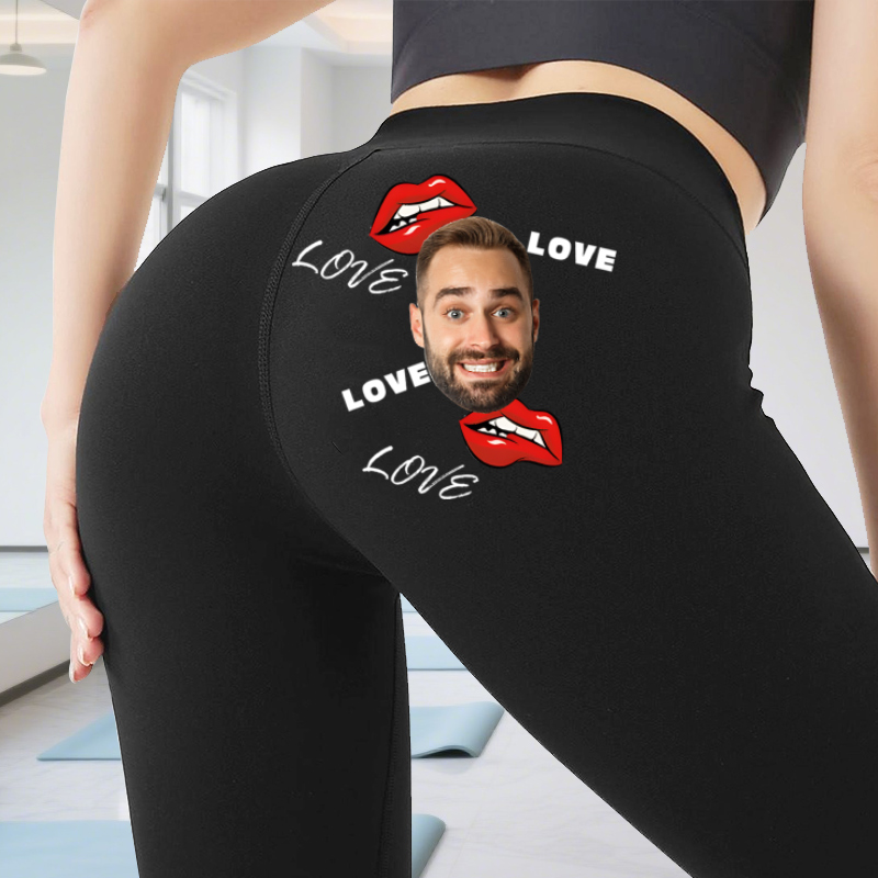 Leggings personalizados con labios sensuales y amor. Diseño de foto personalizado. Regalo perfecto para San Valentín.