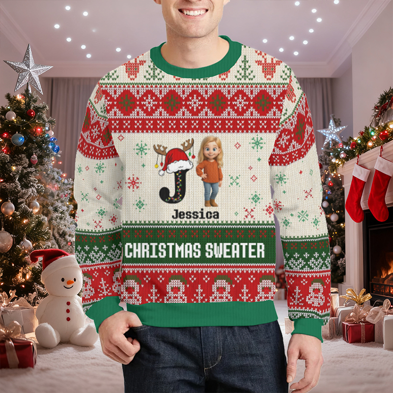 Personalized Ugly Sweater Unisex Custom Initial and Cartoon Photo Design Creative Christmas Gift for Family