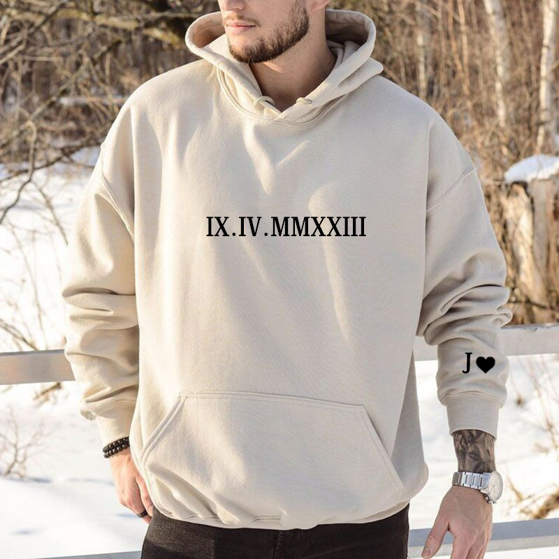 Personalized Hoodie with Embroidered Roman Numeral Date And Initial Unique Gift for Anniversary