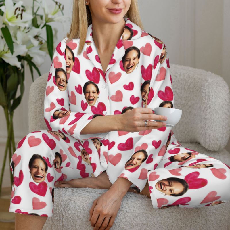 Personalized Pajamas Custom Photo Pink Love Heart Style Design Vibrant Cute Gift for Her Family
