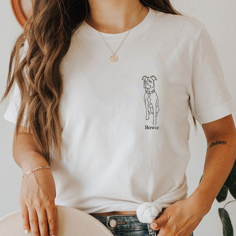 T-shirt personnalisé brodé d'un dessin de contour d'animal de compagnie Cadeau original pour l'amoureux d'un animal de compagnie