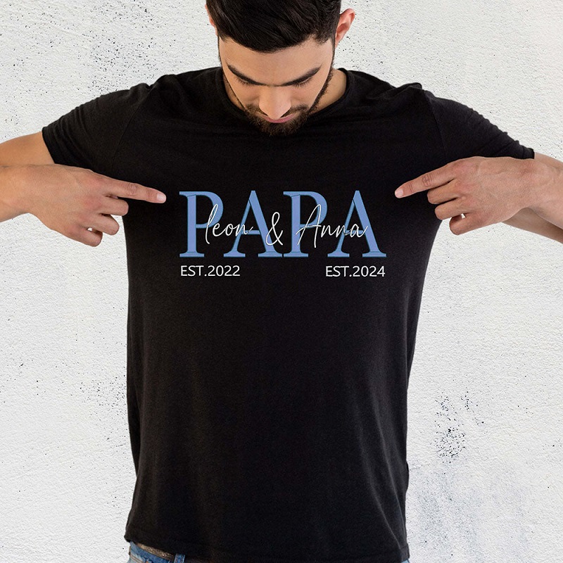 Personalized T-shirt Embroidered Papa with Custom Names and Date Unique Gift for Father's Day