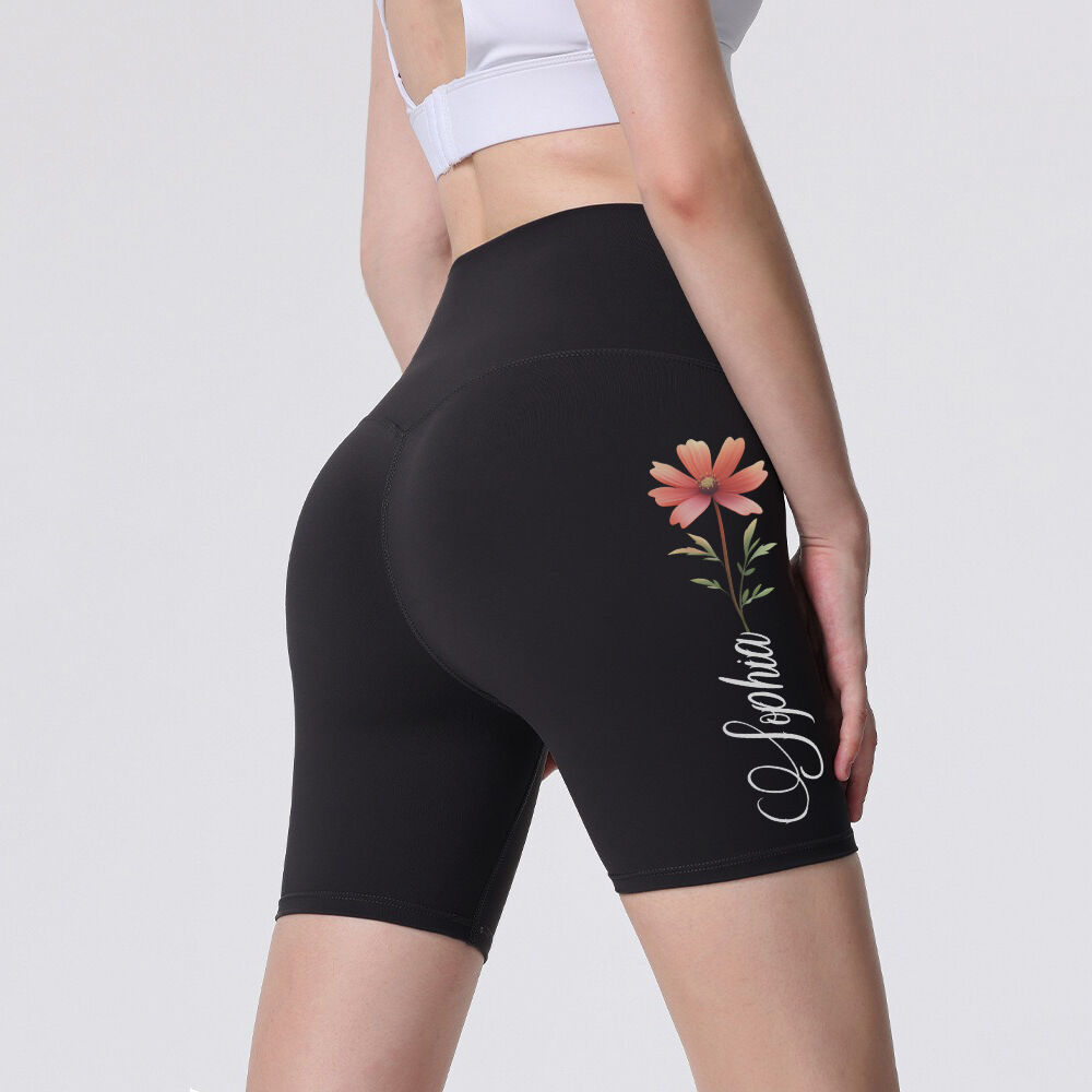 Personalized Biker Leggings Custom Colorful Birth Month Flower Design Exquisite Gift for Her Mom Wife