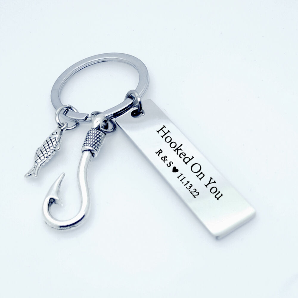 Personalized Fish Hook Keychain Funny Couple Initial Fisherman Keychain Fishing Gift for Husband
