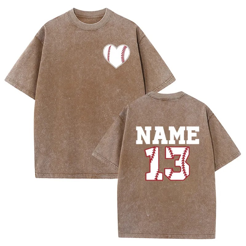 Baseballtvättad T-shirt med baseballhjärta anpassat nummer och namn present till sportälskaren