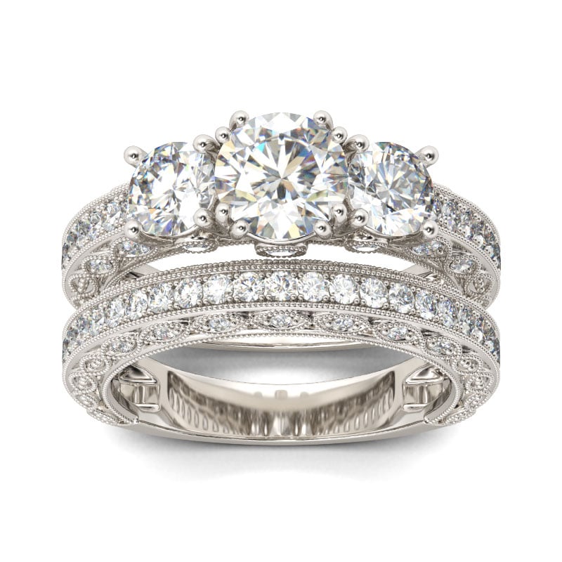 Jeulia Three Stone Milgrain Round Cut Sterling Silver Ring Set