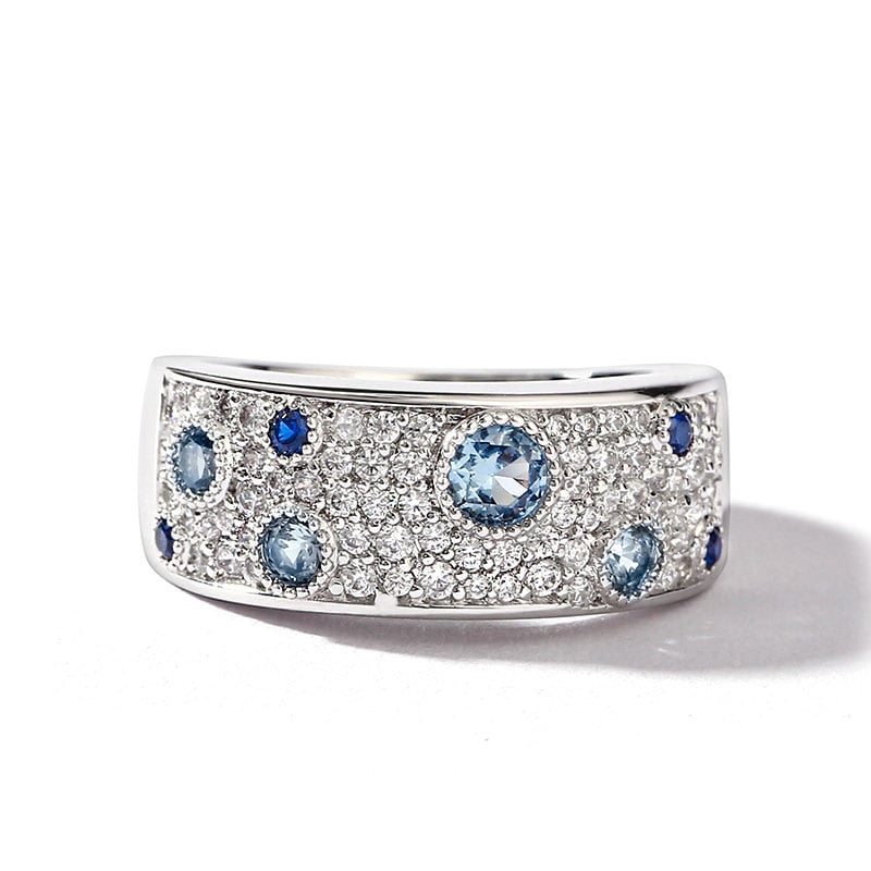 Unique Sapphire & Aquamarine Blue Women's Wedding Bands in Round Cut Sterling Silver - "Landscape in Galaxy"