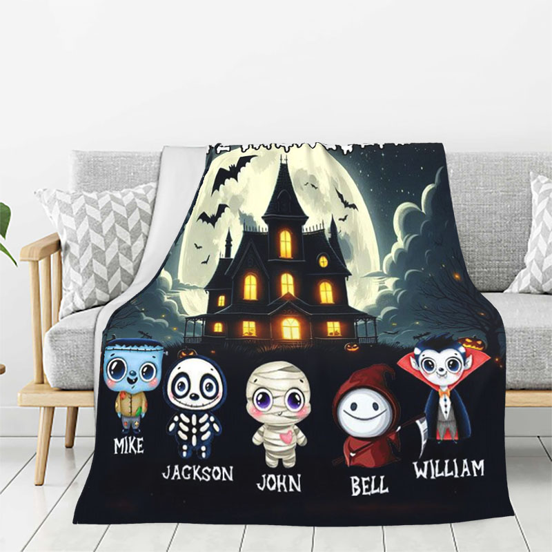 Personalized Name Blanket with Haunted House Pattern Unique Gift for Halloween