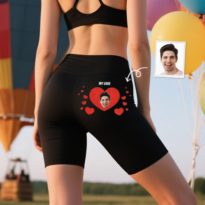 Personalized Biker Leggings My Love Custom Head Photo Sparkling Heart Design Perfect Gift for Lovers