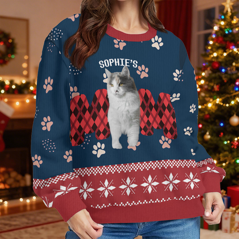 Personalized Ugly Sweater Unisex Pet's Mom Custom Photo Pawprints Design Cute Christmas Gift for Pet Lovers