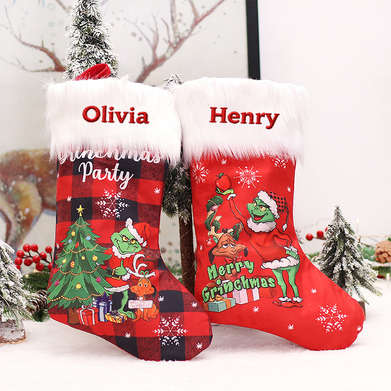 Personalized Green Monster-Patterned Christmas Stockings with Embroidered Names Gifts for Family