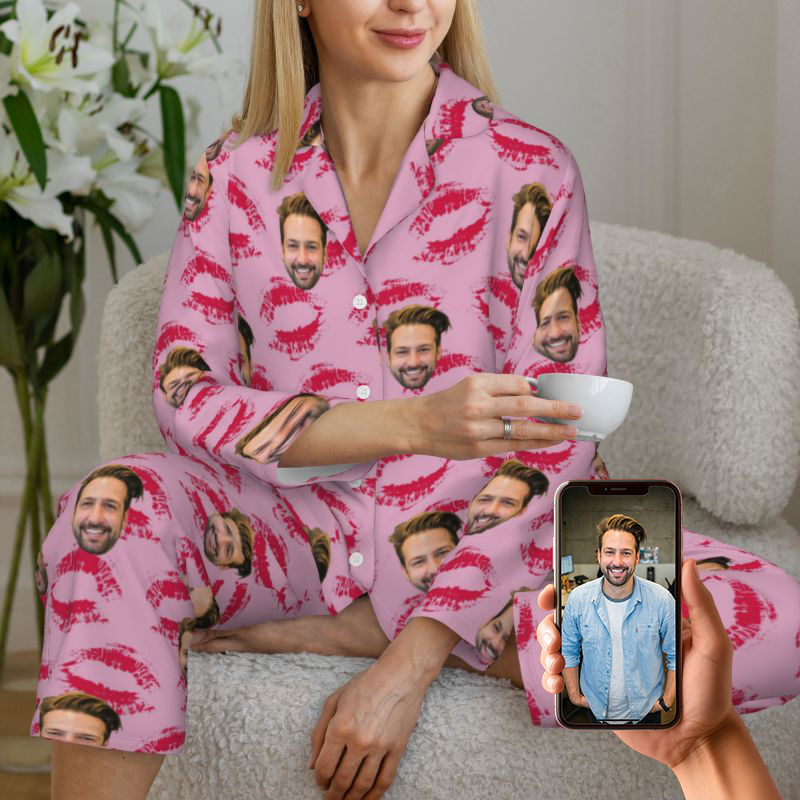 Pijama personalizado con foto de pareja personalizada y diseño de patrón de beso apasionado, regalo perfecto para amantes