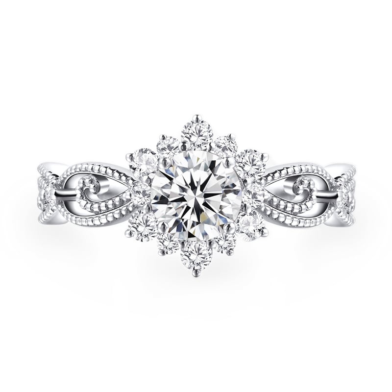 Jeulia Vintage Halo Snow Open Ring Milgrain Sterling Silver Round Cut