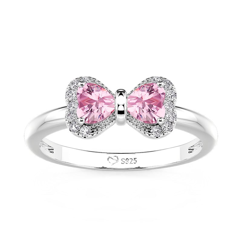 Jeulia Simple Pink Bow 2 Heart Promise Ring Sterling Silver
