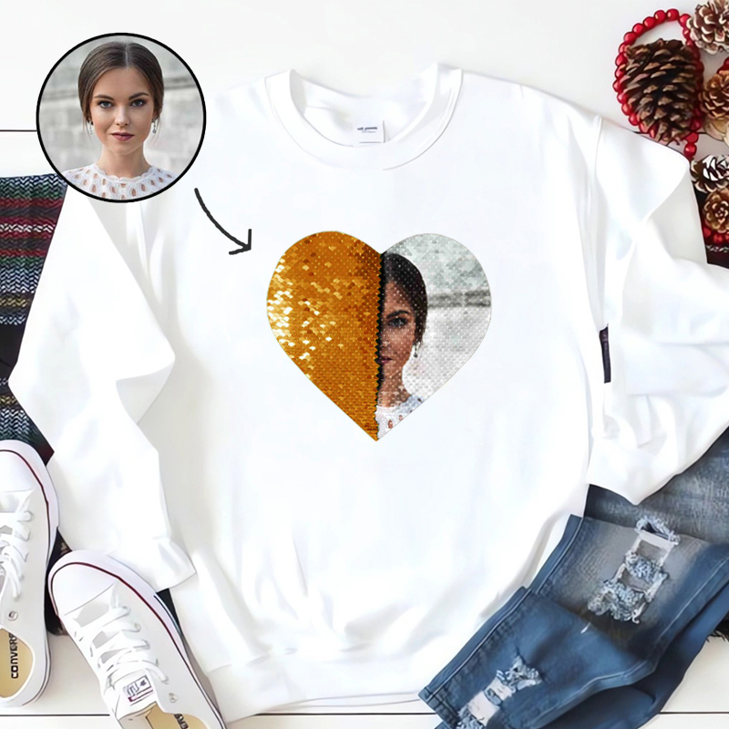Personalized Sweatshirt Heart Shaped Sequin with Custom Photo Design Creative Gift for Couples