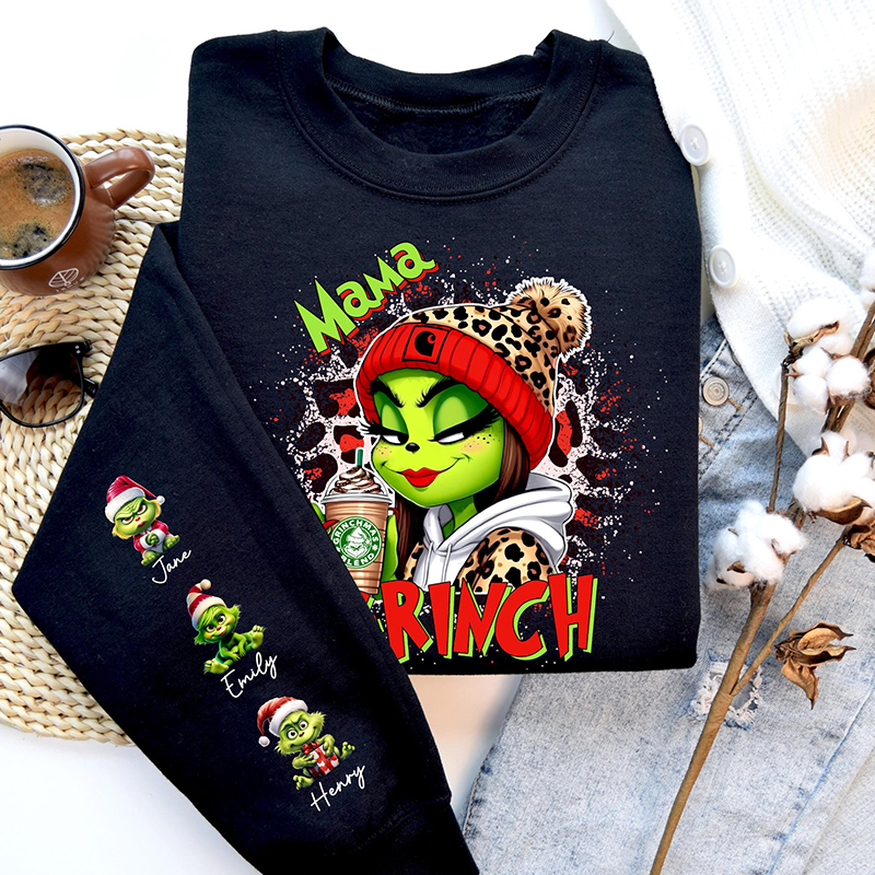 Personalisiertes Sweatshirt Grinch Mama mit individuellem Kinder Namensmuster Attraktives Weihnachtsgeschenk für liebe Mama