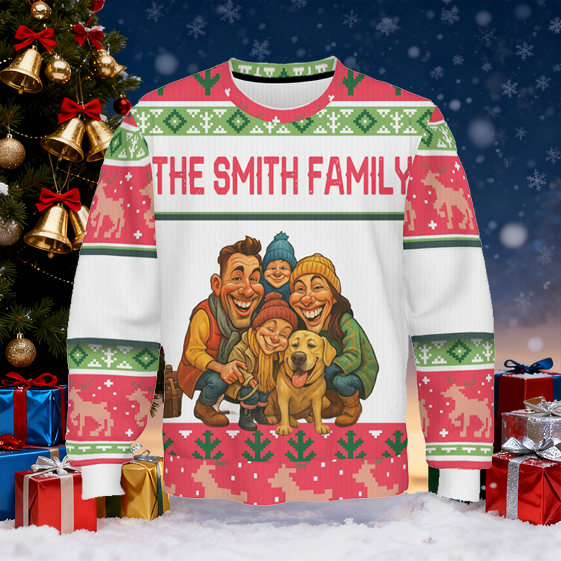 Suéter feo personalizado unisex con foto personalizada, diseño de dibujos animados, atractivo regalo de Navidad para la familia.