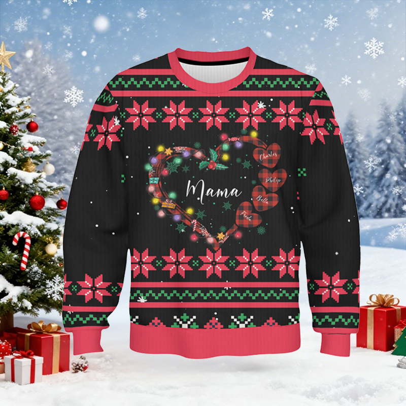 Suéter feo personalizado unisex con nombre para niños, diseño de corona de corazón, regalo de Navidad para mamá y familia