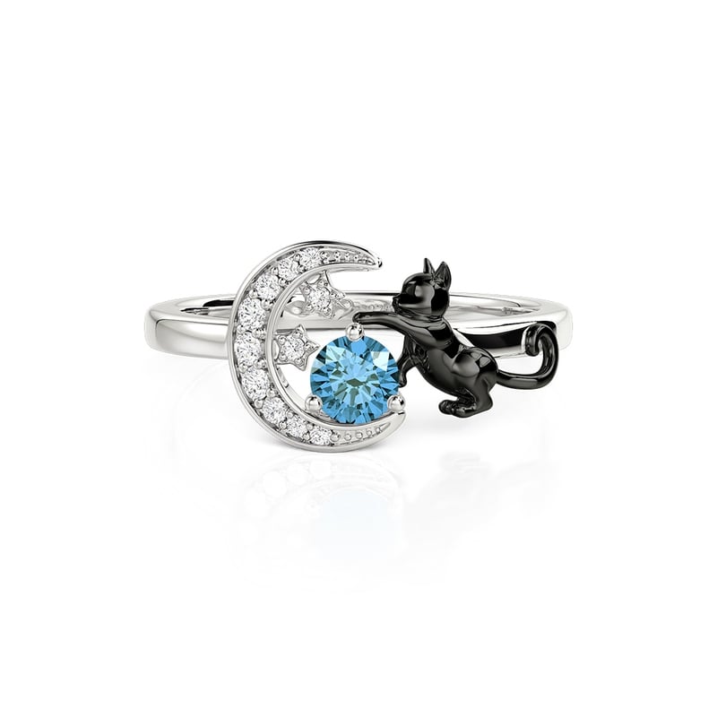 Jeulia Custom Black Cat Moon and Star Ring With Birthstone