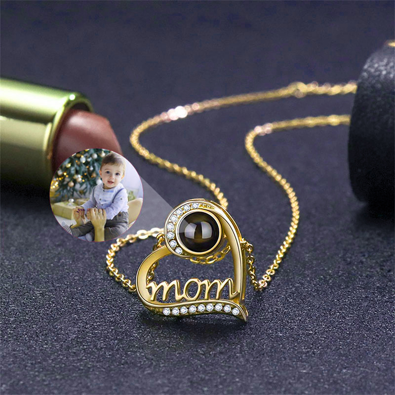 Personalized Photo Projection Mom In Heart Necklace With Picture Inside