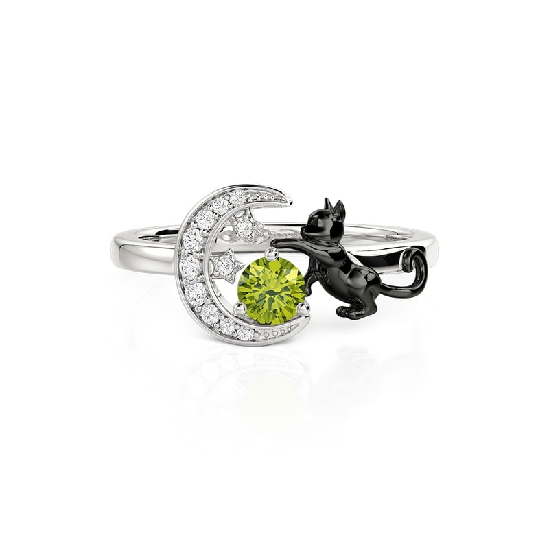 Jeulia Custom Black Cat Moon and Star Ring With Birthstone
