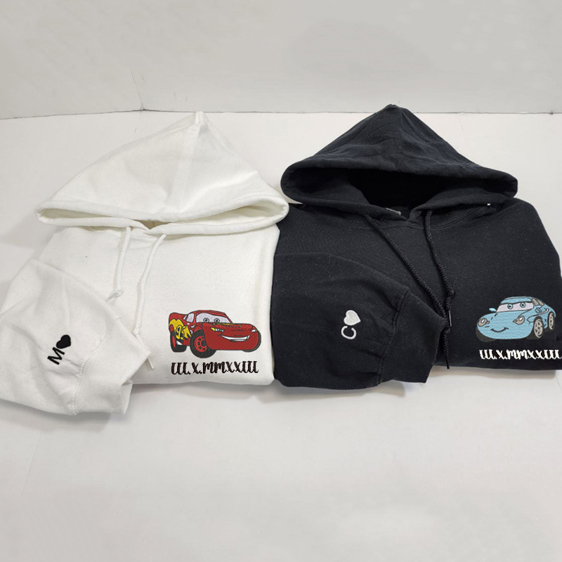 Personalized Hoodie Embroidered Cars Mcqueen and Sally with Custom Roman Numeral Date for Couple's Anniversary