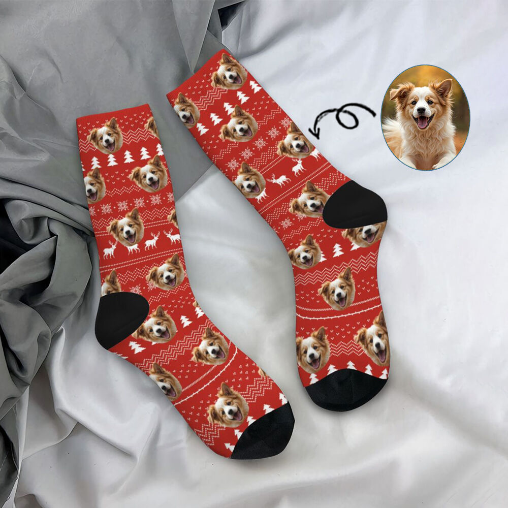 Custom Face Socks Red Knitted Socks with Elk Pattern Christmas Gift for Pet Owners