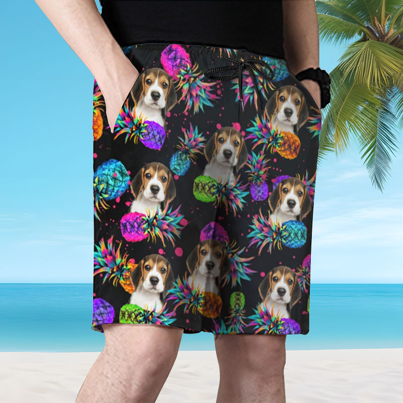 Personalized Picture Men's Beach Shorts with Colorful Pineapple Pattern Cool Gift for Him
