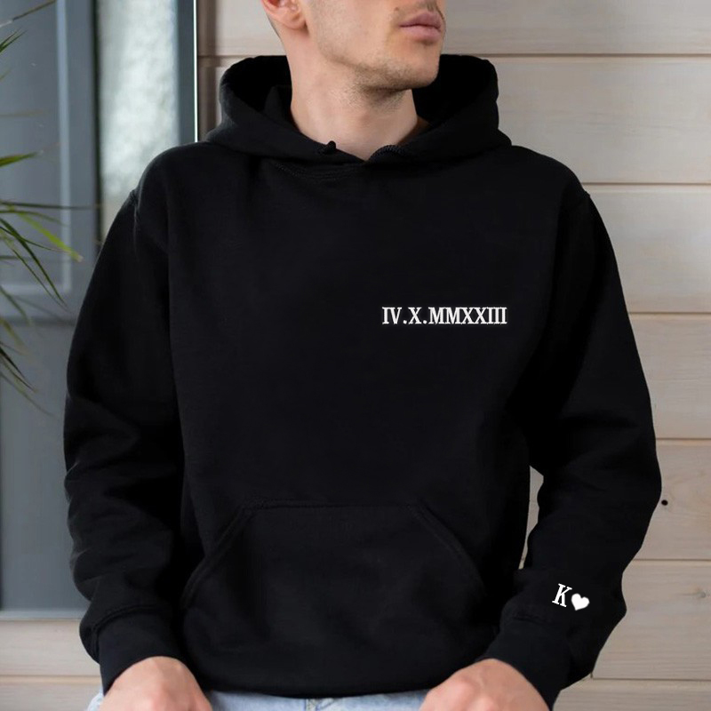 Personalized Hoodie Embroidered Lateral Roman Numeral Date and Initial Great Gift for Anniversary