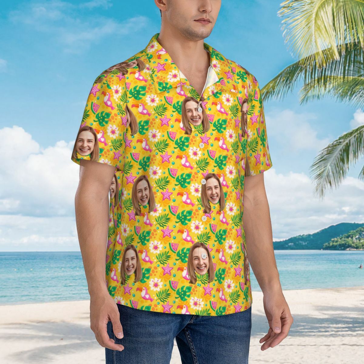 Camicia hawaiana personalizzata a maniche corte gialla per gli amanti della spiaggia