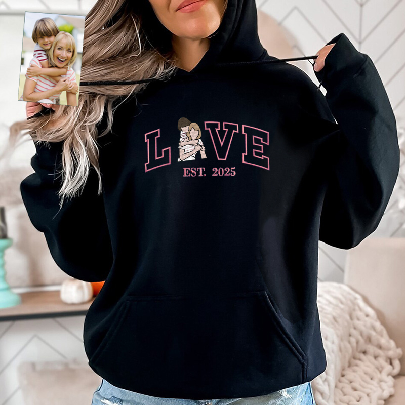 Personalized Hoodie Embroidered Mom and Kids Photo Love Pattern Design Great Gift for Mother's Day