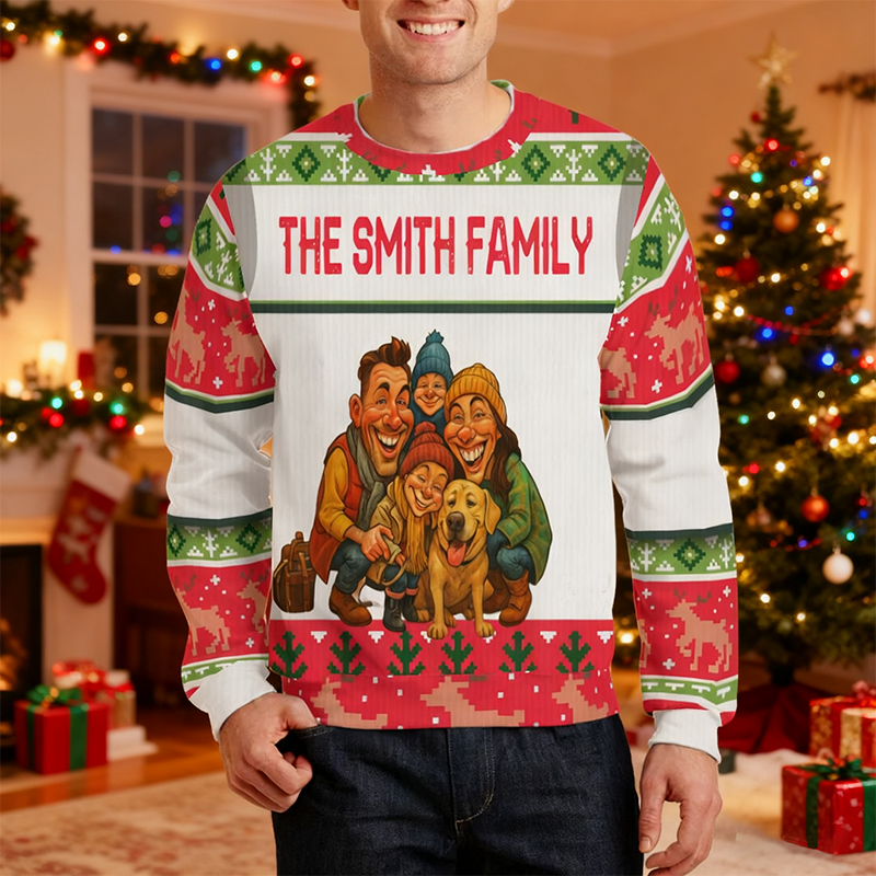 Suéter feo personalizado unisex con foto personalizada, diseño de dibujos animados, atractivo regalo de Navidad para la familia.