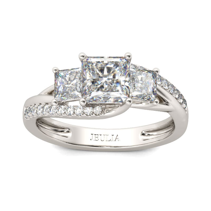Classic Three Stone Princess Cut Engagement Rings in Sterling Silver