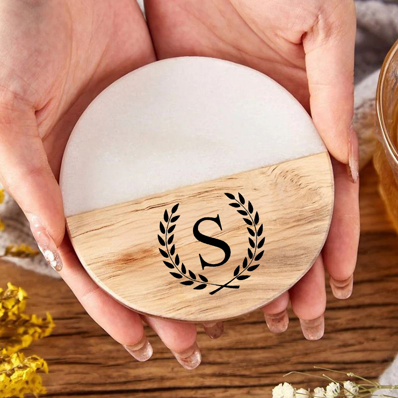 Personalized Round Coaster with Custom Letter Elegant Marble Splicing Design Unique Present