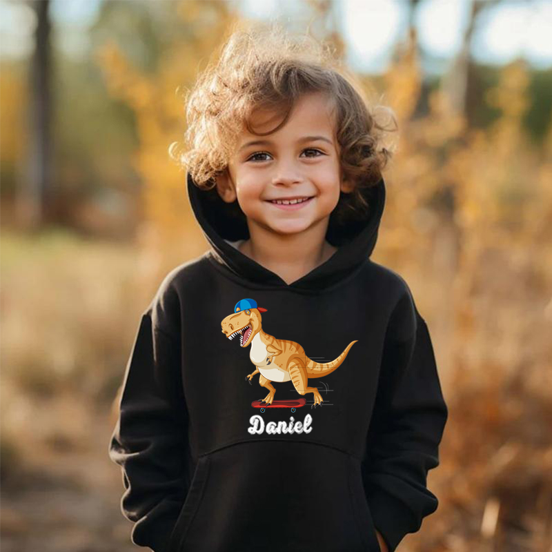 Sudadera con capucha personalizada para niños con nombre personalizado y patrón de dinosaurio, regalos para niños
