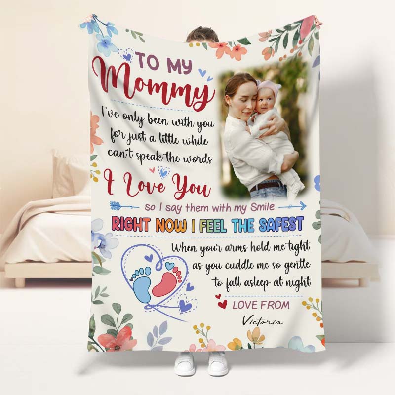 Personalized Picture Blanket with Colorful Flowers And Footprint Pattern Warm Gift for Mommy