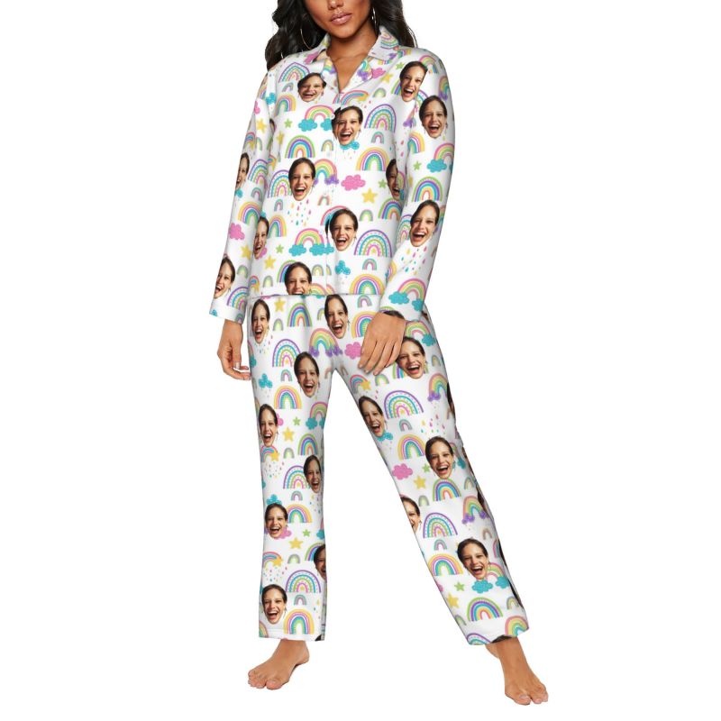 Personalized Pajamas Custom Photo Cute Clouds Rainbow Rain Pattern Design Vibrant Gift for Her