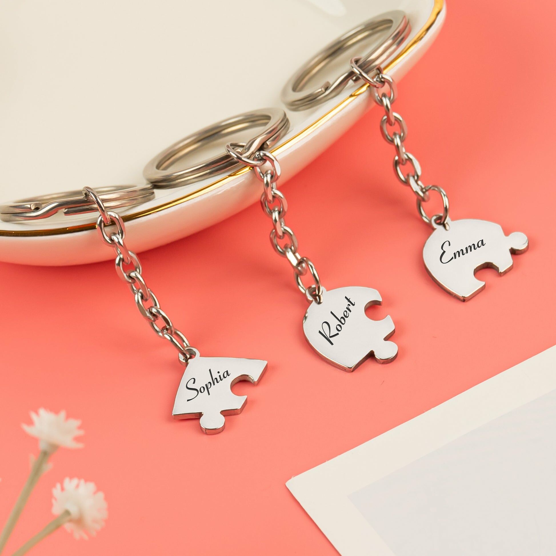 Personalized Heart Shaped Jigsaw Puzzle Keychain Special Gift for Family Members