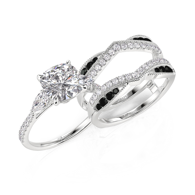 Jeulia Three Stone Ring Set with Two Tone Bow Twisted Enhancer