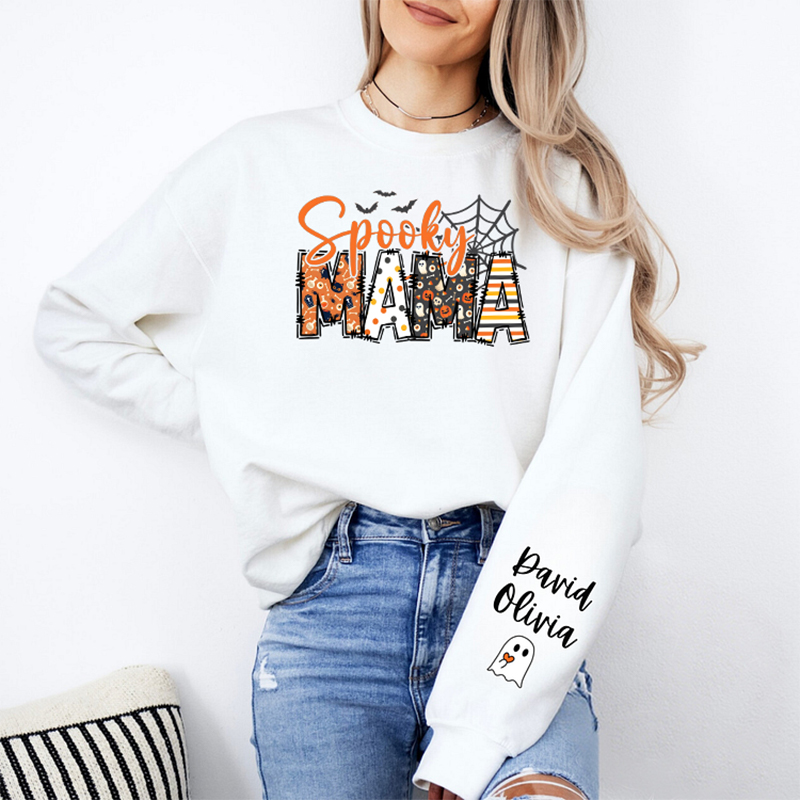 Personalized Sweatshirt Spooky Mama Custom Kids Name Halloween Style Design Gift for Dear Mom