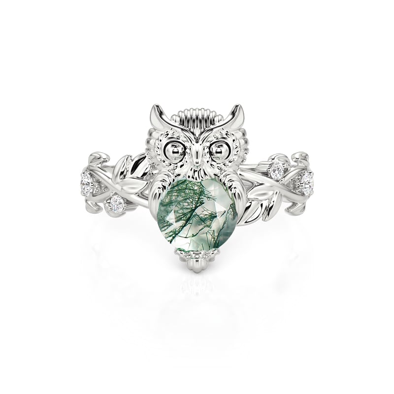Jeulia Twist Leaf Owl Round Cut Moss Agate Ring