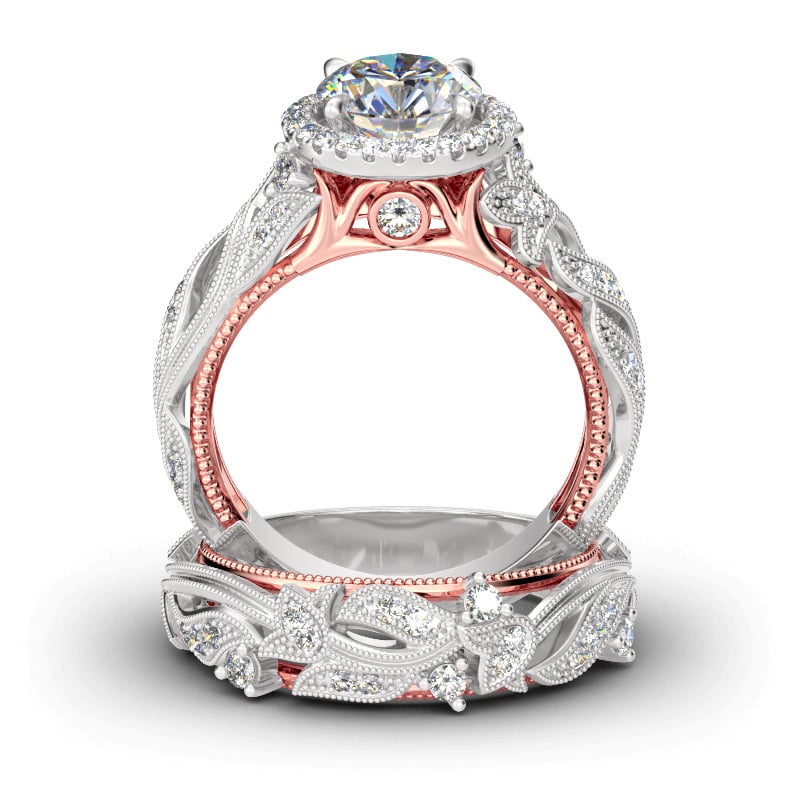 Round Cut Rose Gold Ring Set with Exceptional Leaf & Milgrain Design