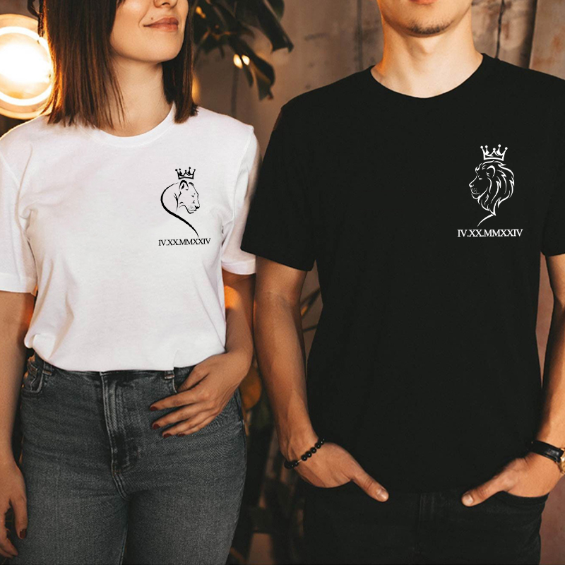 T-shirt personnalisé Couronne du Roi Lion avec date en chiffres romains Cadeau pour les amoureux, couple, amoureux, love, pour elle et lui