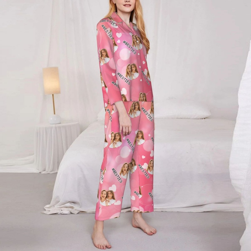Pijama personalizado con foto de mejores amigas, diseño de corazón rosa de ensueño, regalo atractivo para amigas.